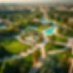 Aerial view of the serene green spaces in Al Zahia Park