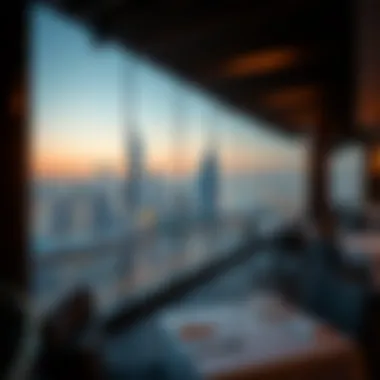 A stunning view of Dubai's skyline from a rooftop restaurant