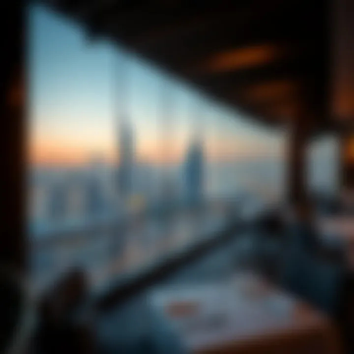 A stunning view of Dubai's skyline from a rooftop restaurant