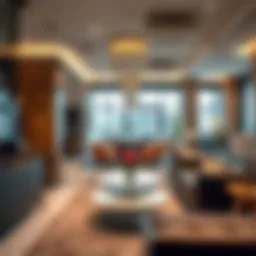 A showcase of modern furniture pieces in a vibrant Karama shop