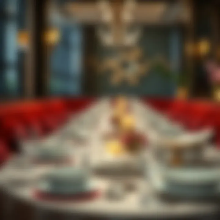 A beautifully arranged table setting at مطعم المشوار, showcasing elegant dishware and vibrant decor
