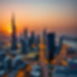 An overview of UAE skyline with a sunset