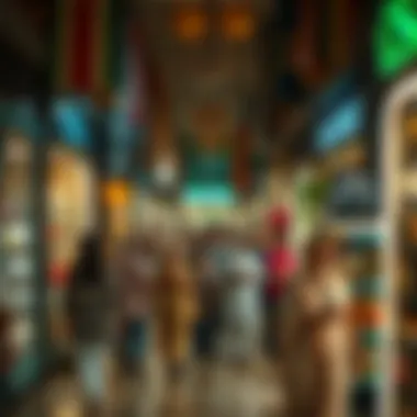 A bustling scene of shoppers exploring various shops
