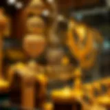 Intricate gold jewelry on display in Dubai market.