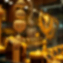 Intricate gold jewelry on display in Dubai market.